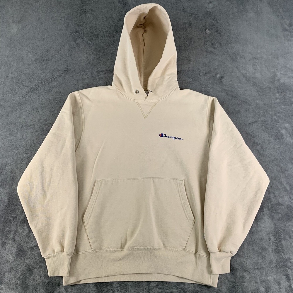 Vintage 90s Champion Hoodie Sweatshirt Pullover Beige M USA Spell Out Rare Color